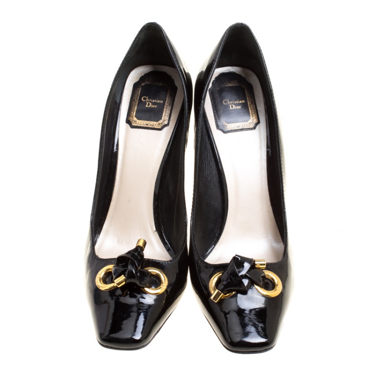 Pre Owned Dior Black Patent Leather Knot Detail Square Toe Pumps Size 40
