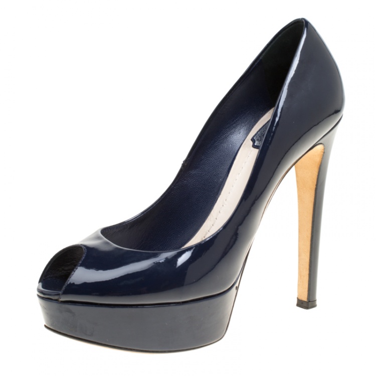 Dior Navy Blue Patent Leather Miss Dior Peep Toe Platform Pumps Size 38 Dior TLC