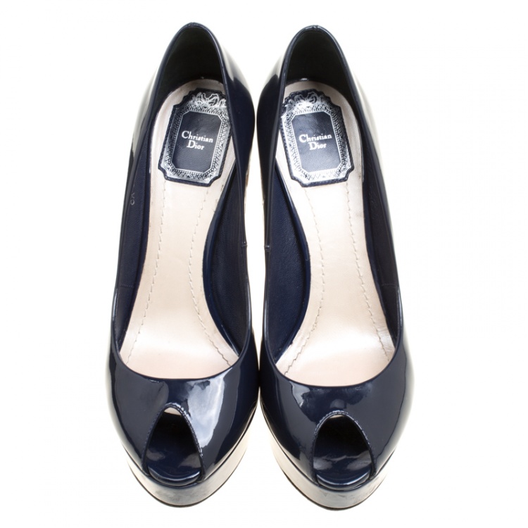 Pre Owned Dior Navy Blue Patent Leather Miss Dior Peep Toe Platform Pumps Size 38