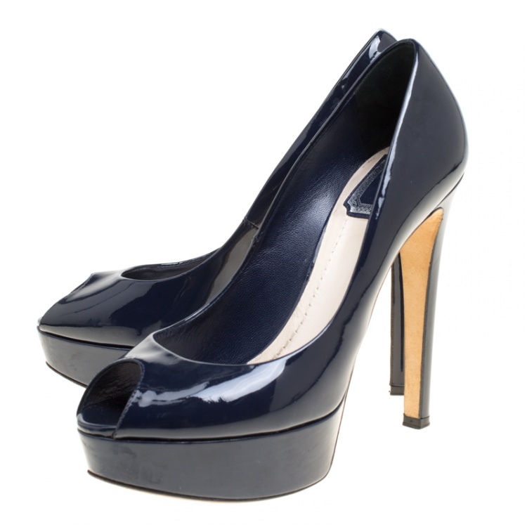 Pre Owned Dior Navy Blue Patent Leather Miss Dior Peep Toe Platform Pumps Size 38