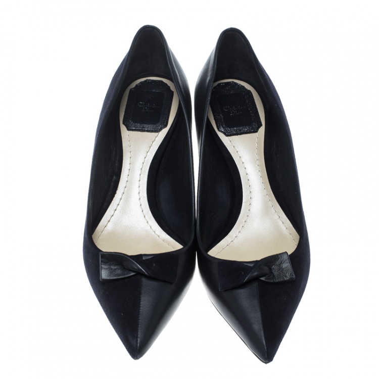 Pre Owned Dior Marine Blue Suede and Leather Doll Bow Embellished Pointed Toe Pumps Size 37