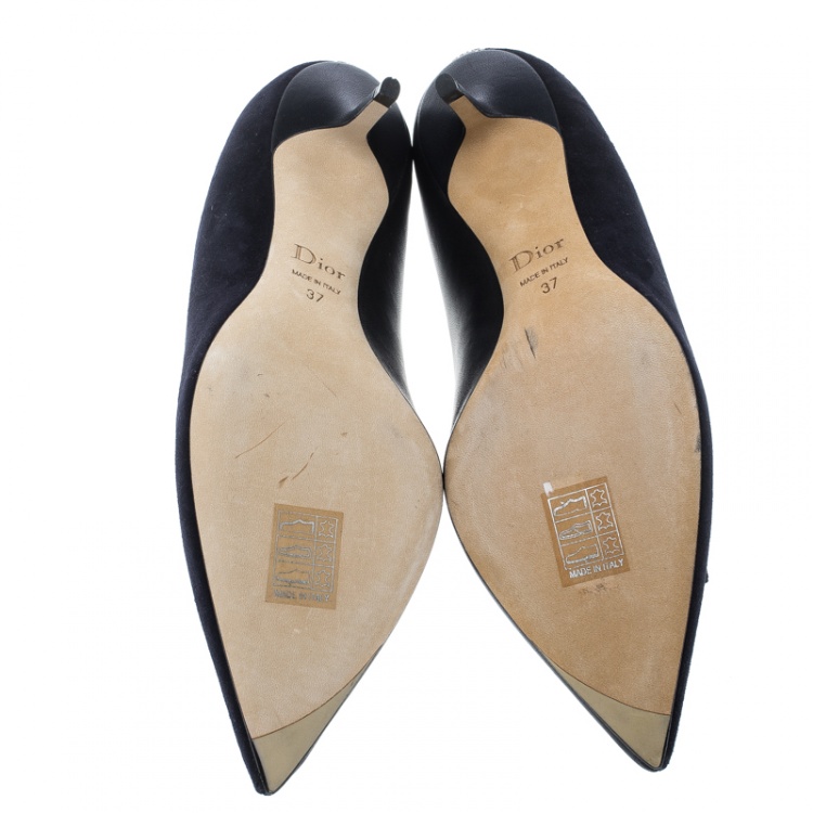 Pre Owned Dior Marine Blue Suede and Leather Doll Bow Embellished Pointed Toe Pumps Size 37