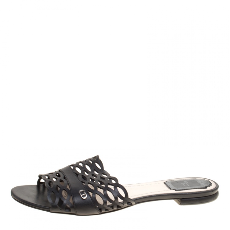 Pre Owned Dior Black Laser Cut Leather Tattoo Peep Toe Slides Size 38