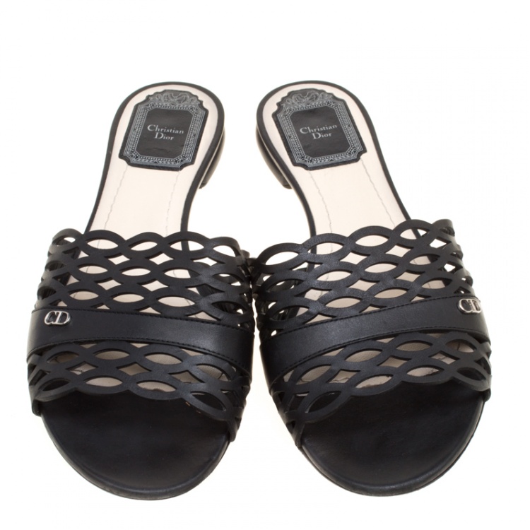Pre Owned Dior Black Laser Cut Leather Tattoo Peep Toe Slides Size 38