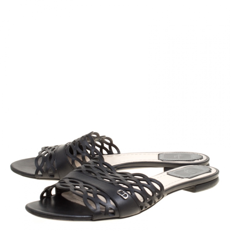 Pre Owned Dior Black Laser Cut Leather Tattoo Peep Toe Slides Size 38