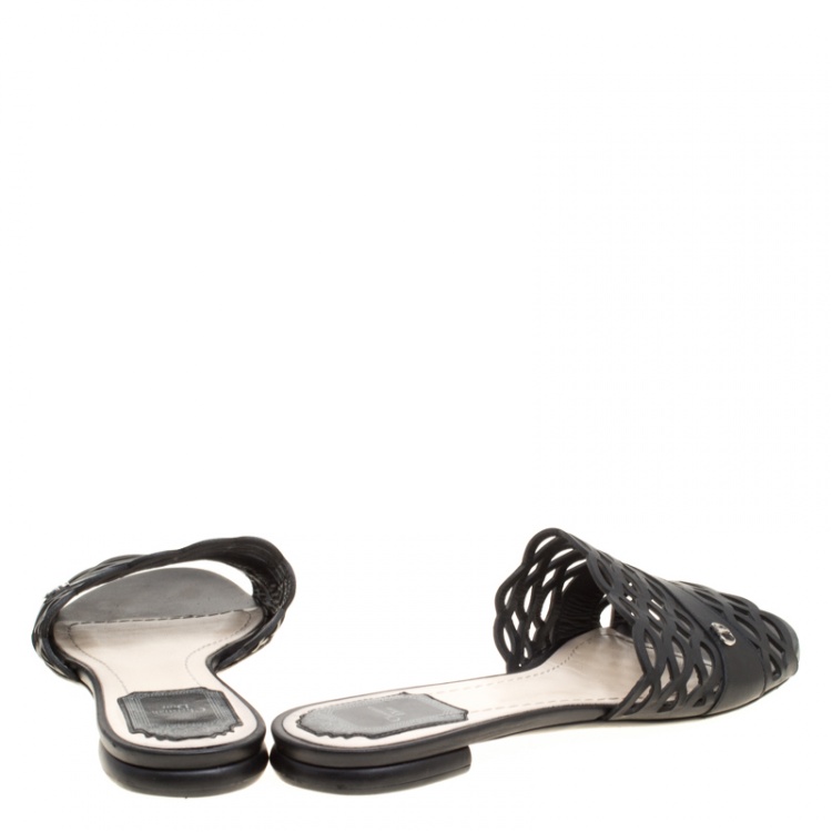 Pre Owned Dior Black Laser Cut Leather Tattoo Peep Toe Slides Size 38