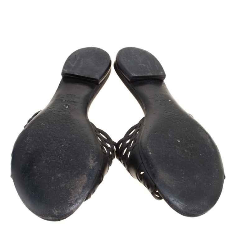Pre Owned Dior Black Laser Cut Leather Tattoo Peep Toe Slides Size 38