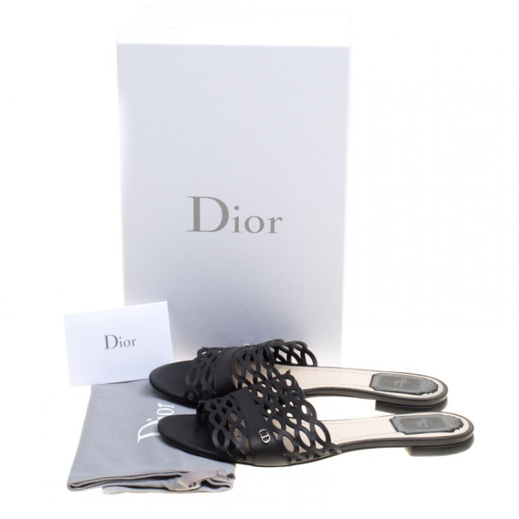 Pre Owned Dior Black Laser Cut Leather Tattoo Peep Toe Slides Size 38