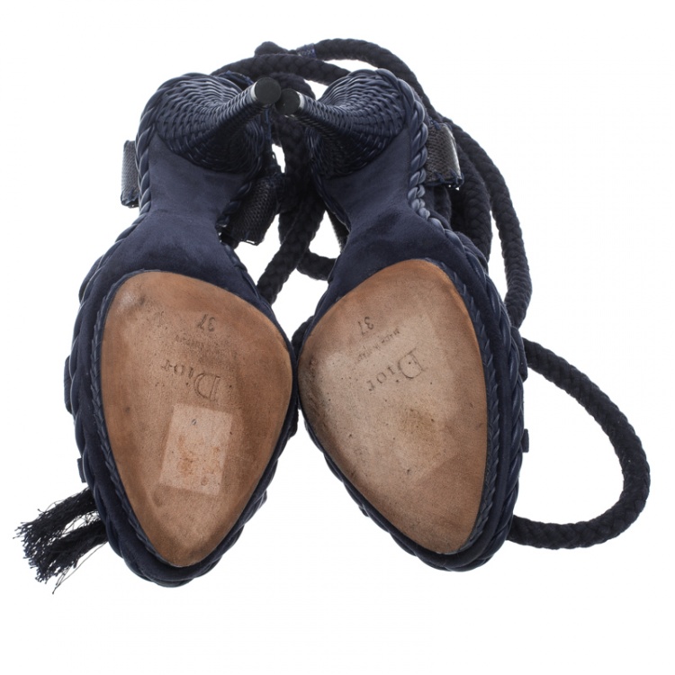 Pre Owned Dior Dark Blue Suede and Lizard Leather Rope Lace Up Sandals Size 37
