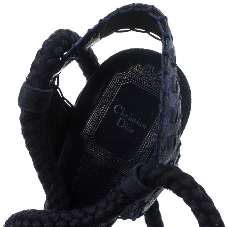 Pre Owned Dior Dark Blue Suede and Lizard Leather Rope Lace Up Sandals Size 37