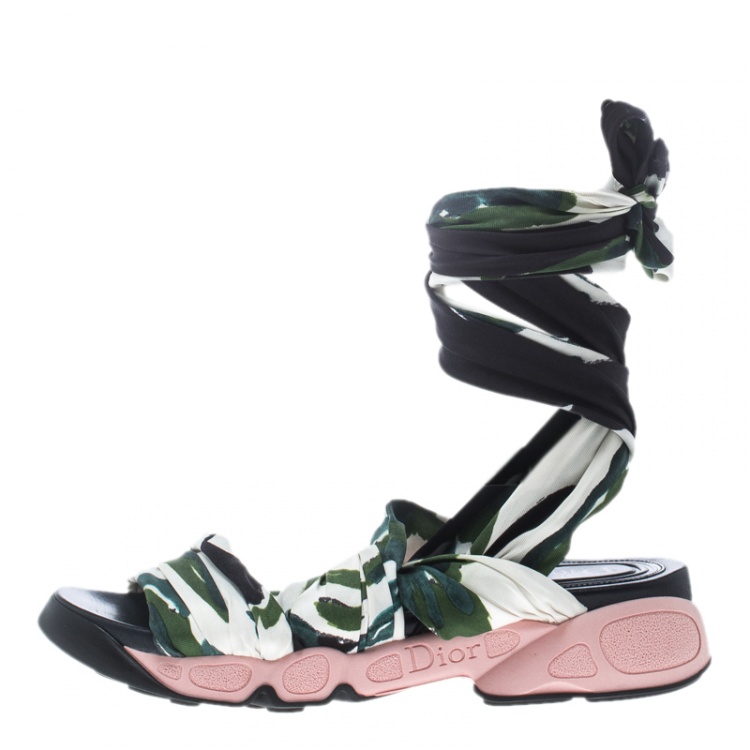 Pre Owned Dior Printed Satin Brooklyn Wrap Around Sandals Size 38