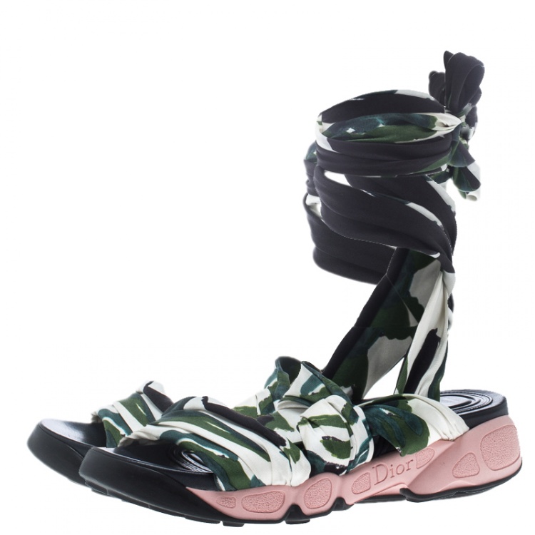 Pre Owned Dior Printed Satin Brooklyn Wrap Around Sandals Size 38