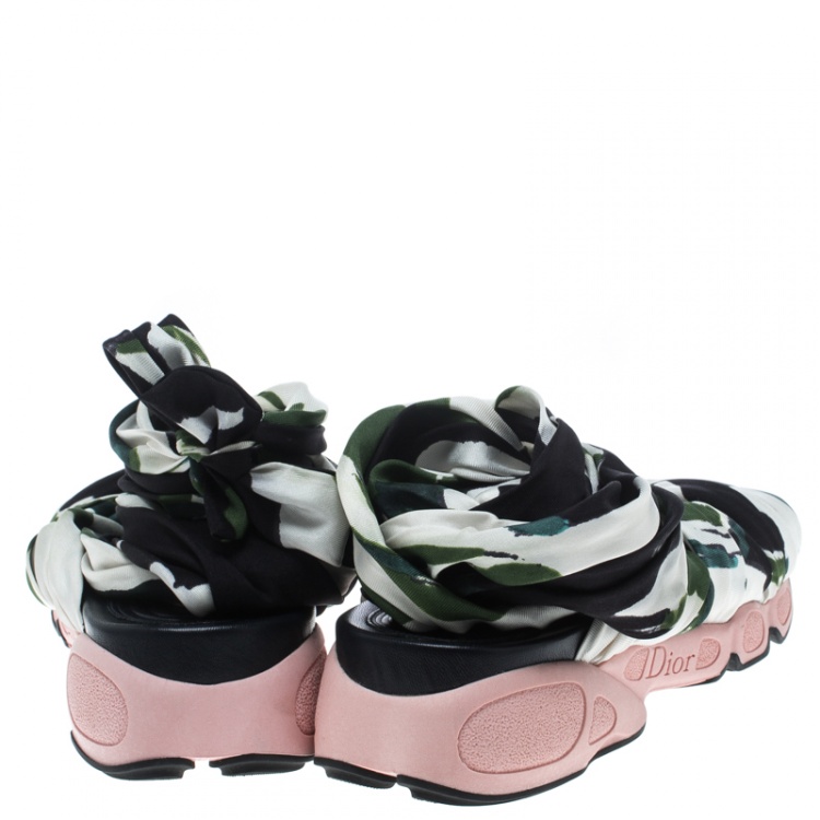 Pre Owned Dior Printed Satin Brooklyn Wrap Around Sandals Size 38