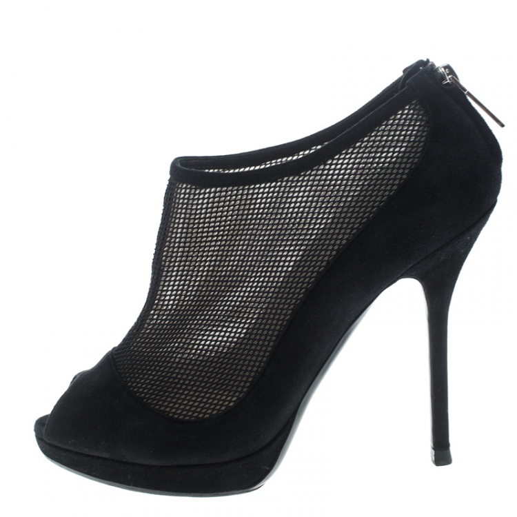 Pre Owned Dior Black Suede and Mesh Peep Toe Platform Booties Size 37