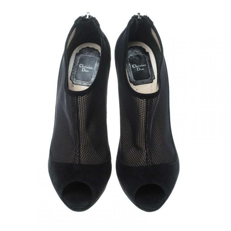 Pre Owned Dior Black Suede and Mesh Peep Toe Platform Booties Size 37