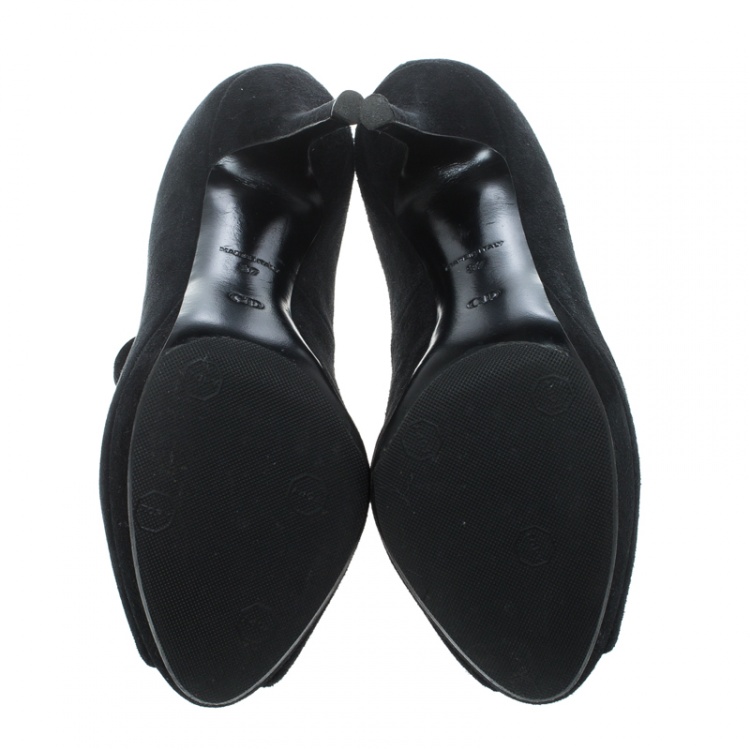 Pre Owned Dior Black Suede and Mesh Peep Toe Platform Booties Size 37