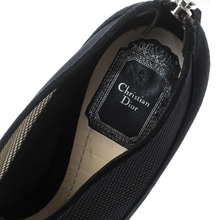 Pre Owned Dior Black Suede and Mesh Peep Toe Platform Booties Size 37