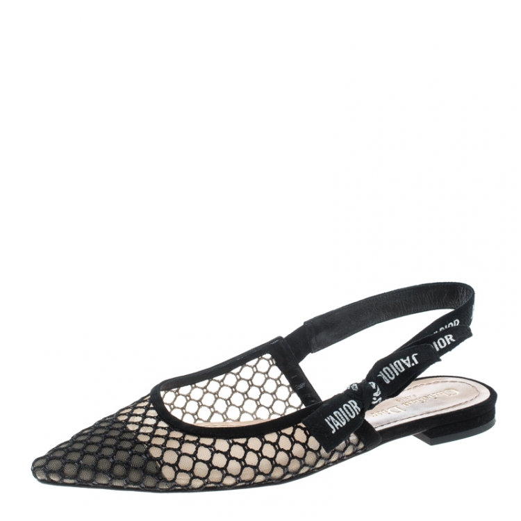Pre Owned Dior Black Mesh J'adior Resille Pointed Toe Slingback Flats Size 39