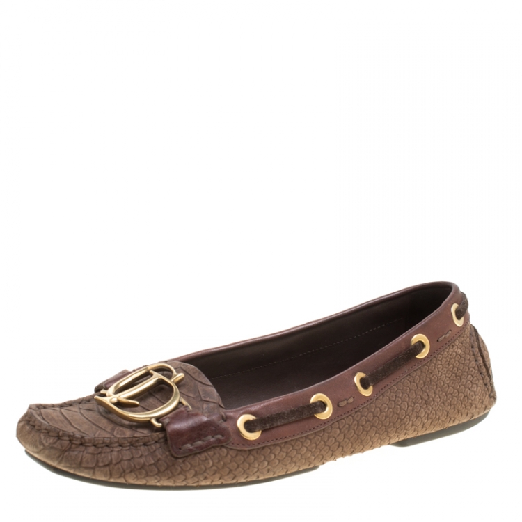 Pre Owned Dior Brown Snake Embossed Suede and Leather CD Boatstitched Loafers Size 37