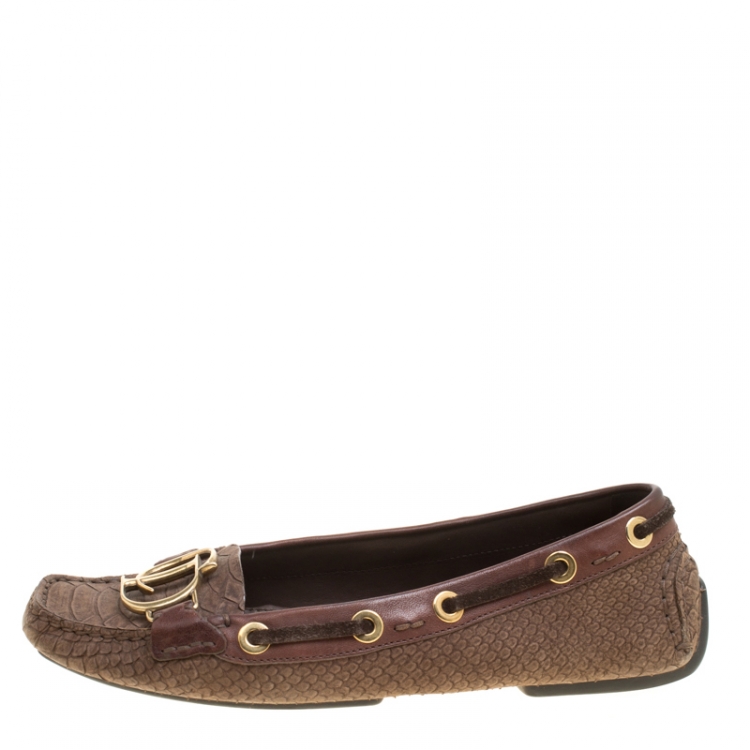 Pre Owned Dior Brown Snake Embossed Suede and Leather CD Boatstitched Loafers Size 37
