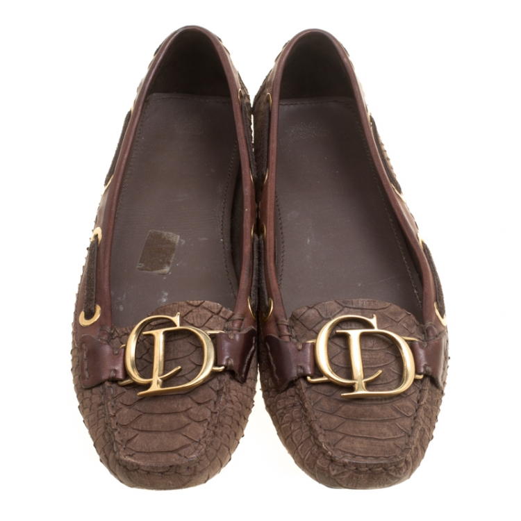 Pre Owned Dior Brown Snake Embossed Suede and Leather CD Boatstitched Loafers Size 37
