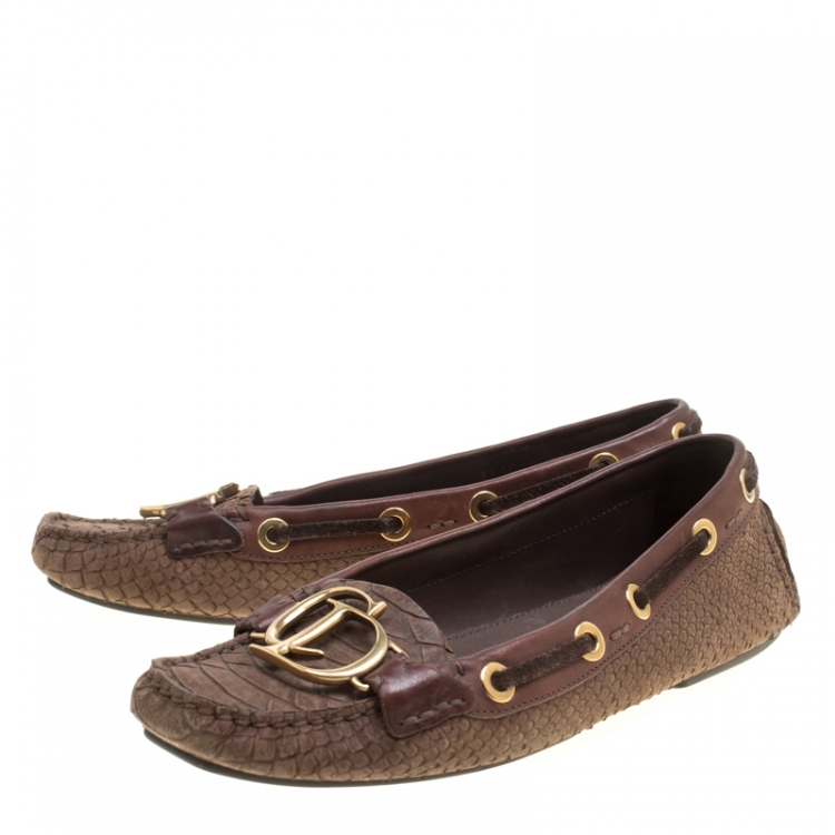 Pre Owned Dior Brown Snake Embossed Suede and Leather CD Boatstitched Loafers Size 37