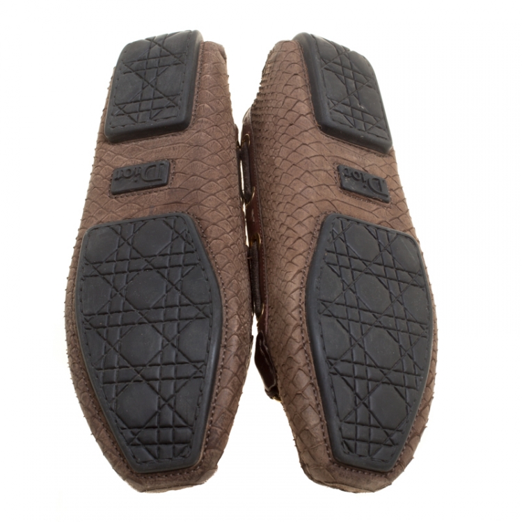 Pre Owned Dior Brown Snake Embossed Suede and Leather CD Boatstitched Loafers Size 37