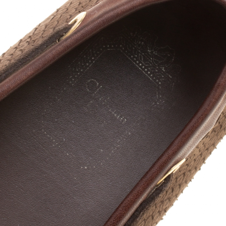 Pre Owned Dior Brown Snake Embossed Suede and Leather CD Boatstitched Loafers Size 37