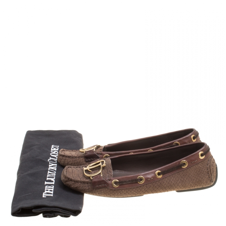 Pre Owned Dior Brown Snake Embossed Suede and Leather CD Boatstitched Loafers Size 37