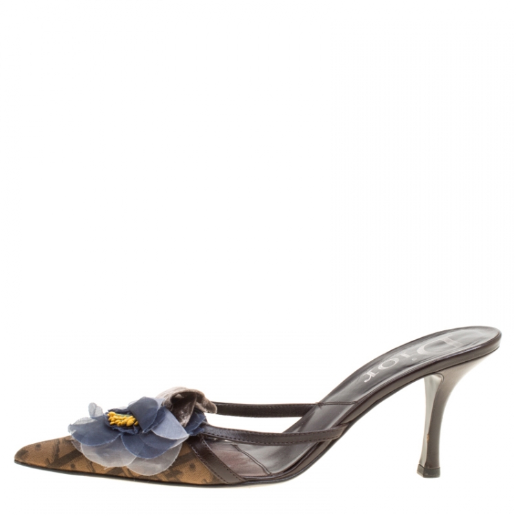 Pre Owned Dior Brown Diorissimo Canvas Floral Appliqué Pointed Toe Slides Size 37