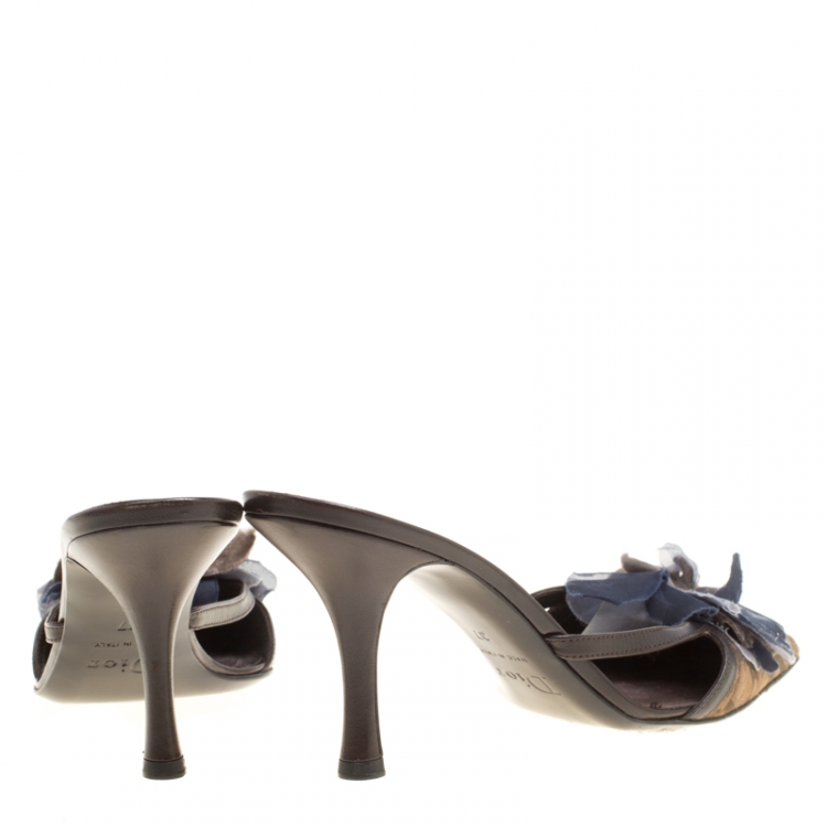 Pre Owned Dior Brown Diorissimo Canvas Floral Appliqué Pointed Toe Slides Size 37