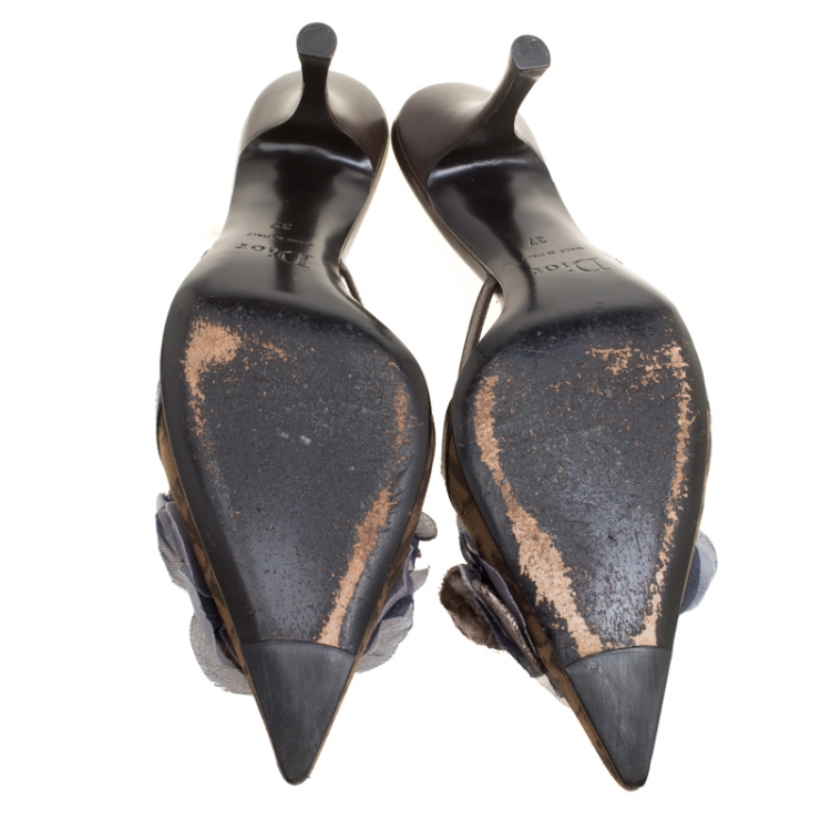 Pre Owned Dior Brown Diorissimo Canvas Floral Appliqué Pointed Toe Slides Size 37