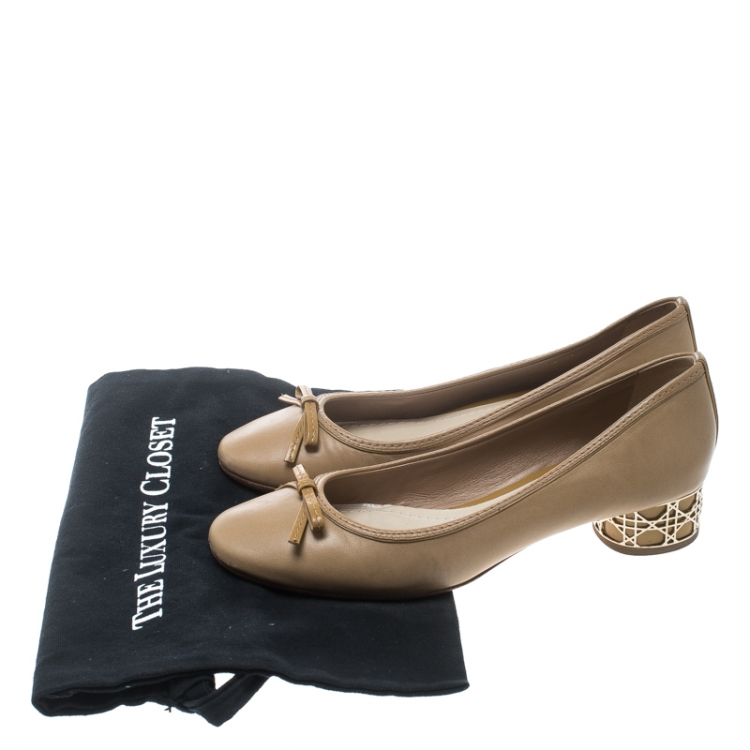 Pre Owned Dior Light Brown Leather Bow Detail Cannage Heel Pumps Size 39