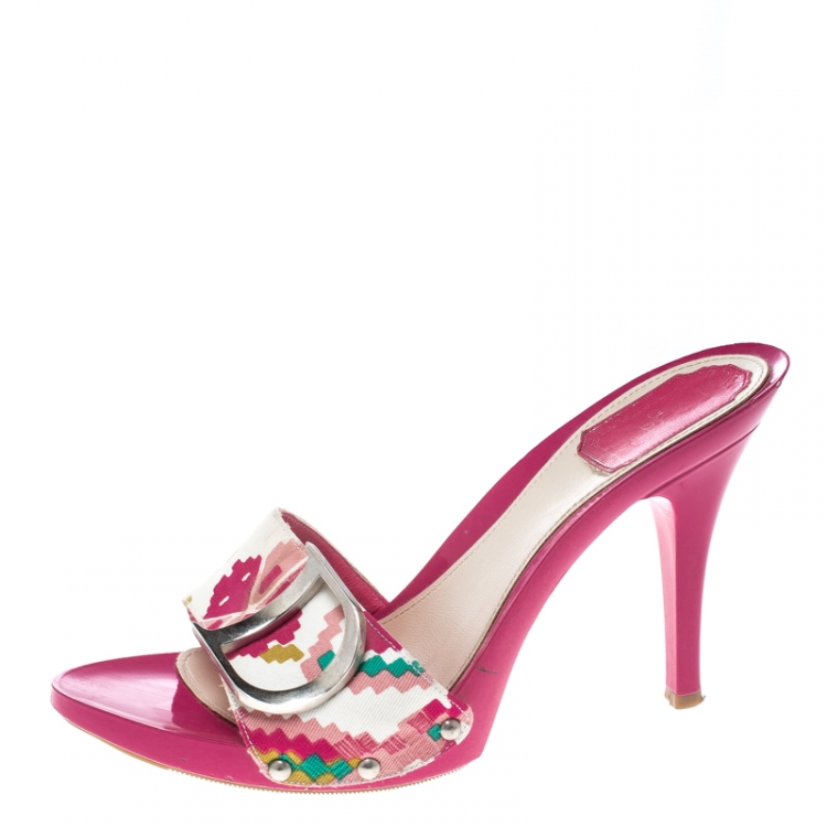 Pre Owned Dior Multicolor Printed Cotton Peep Toe Slide Clogs Size 39.5