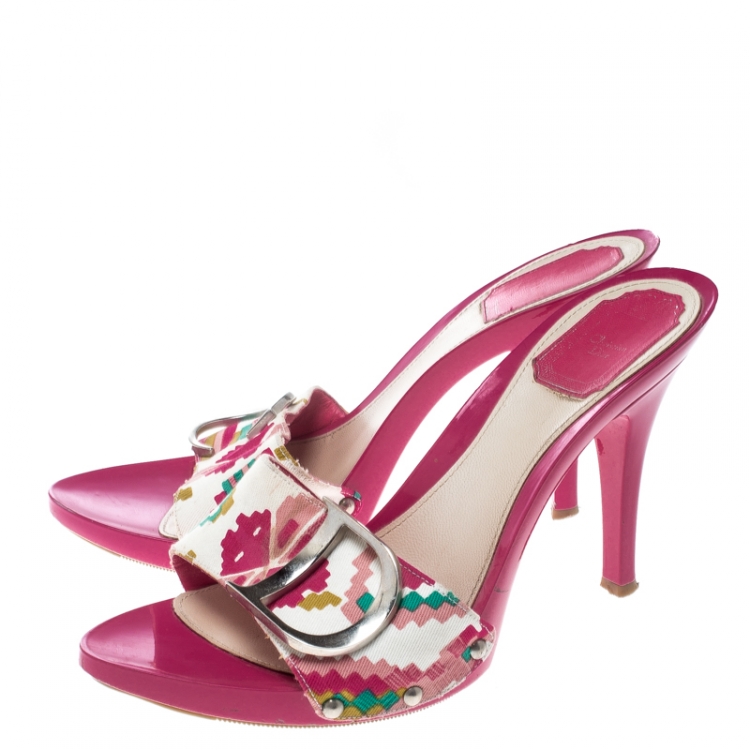 Pre Owned Dior Multicolor Printed Cotton Peep Toe Slide Clogs Size 39.5