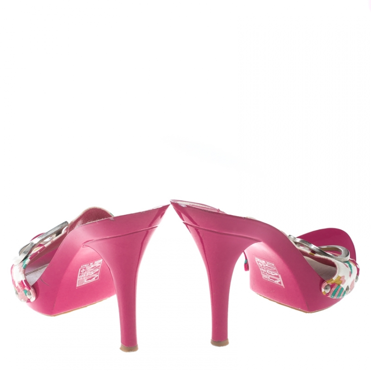 Pre Owned Dior Multicolor Printed Cotton Peep Toe Slide Clogs Size 39.5