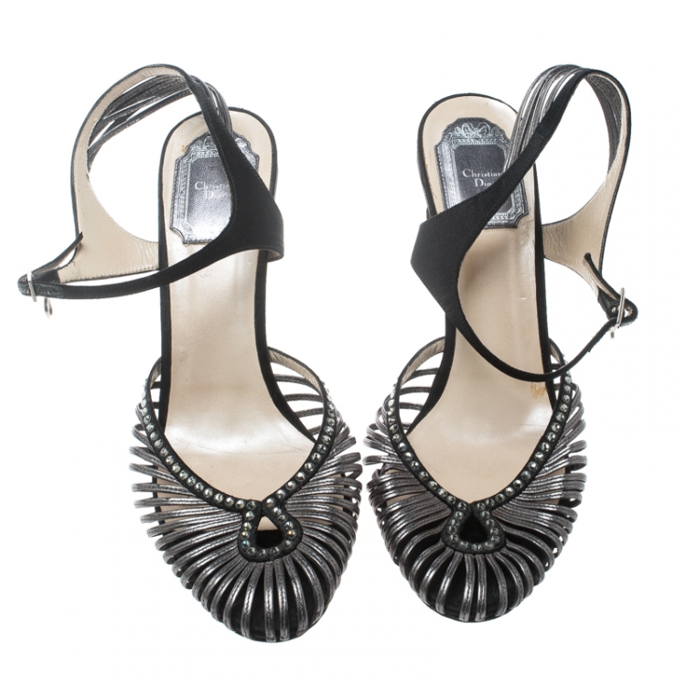 Pre Owned Dior Grey/Black Leather and Satin Crystal Embellished Strappy Sandals Size 39.5