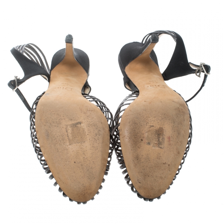 Pre Owned Dior Grey/Black Leather and Satin Crystal Embellished Strappy Sandals Size 39.5