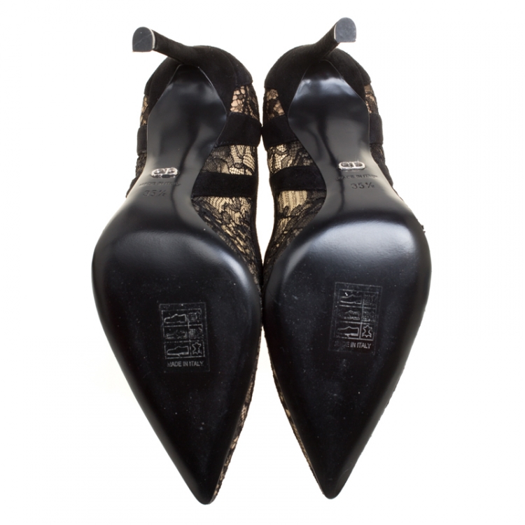 Pre Owned Dior Black Chantilly Lace and Suede Pointed Toe Pumps Size 35.5