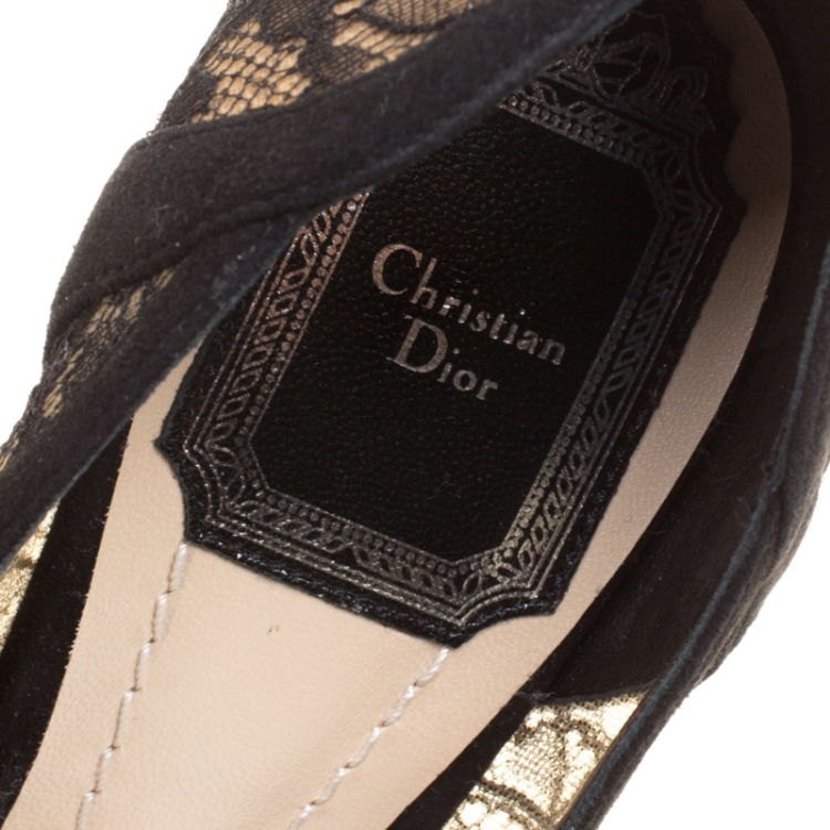 Pre Owned Dior Black Chantilly Lace and Suede Pointed Toe Pumps Size 35.5