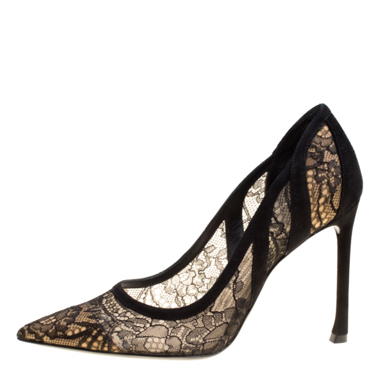 Pre Owned Dior Black Chantilly Lace and Suede Pointed Toe Pumps Size 35.5