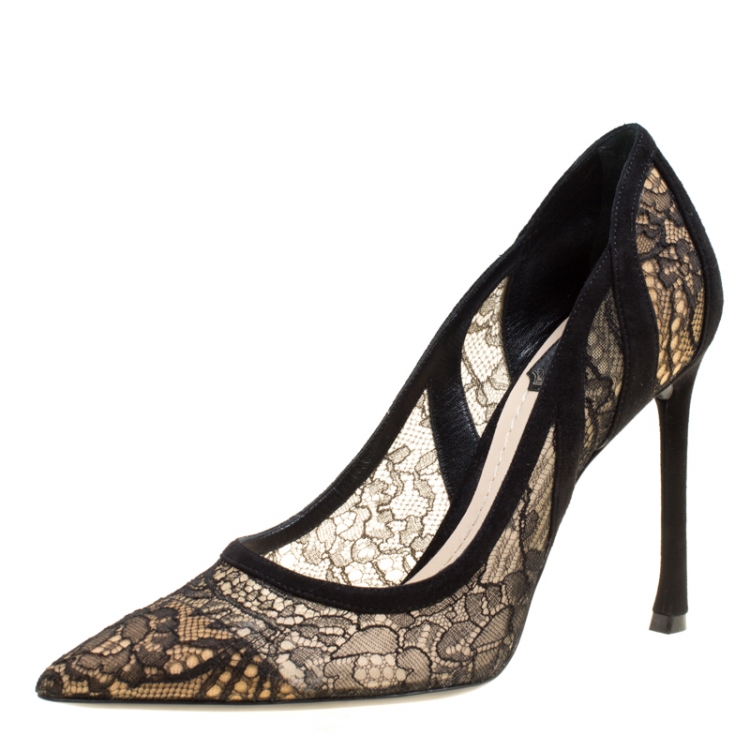 Pre Owned Dior Black Chantilly Lace and Suede Pointed Toe Pumps Size 35.5