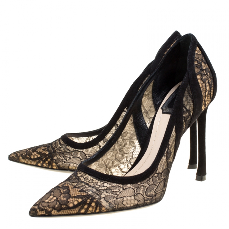 Pre Owned Dior Black Chantilly Lace and Suede Pointed Toe Pumps Size 35.5