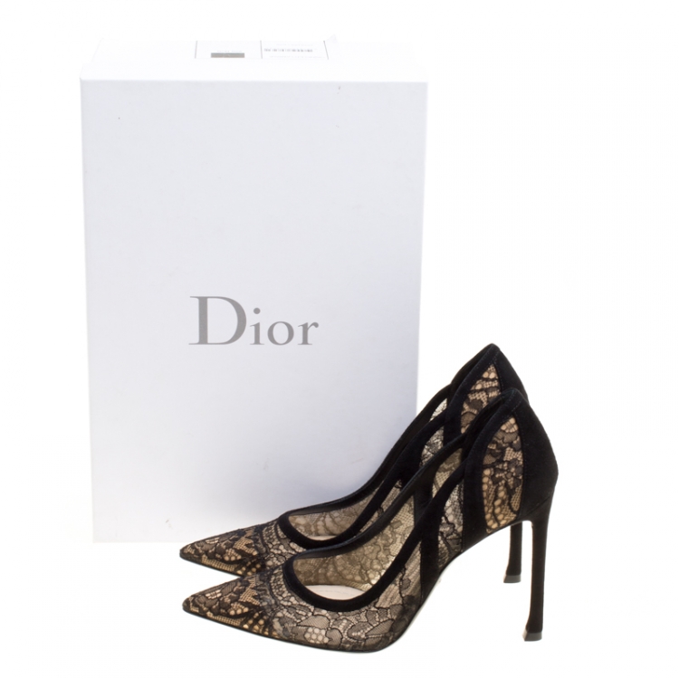 Pre Owned Dior Black Chantilly Lace and Suede Pointed Toe Pumps Size 35.5