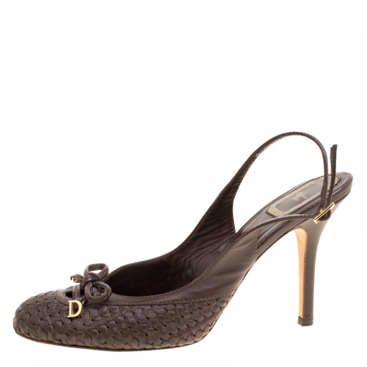 Pre Owned Dior Brown Leather Braid and Bow Detail Slingback Sandals Size 40