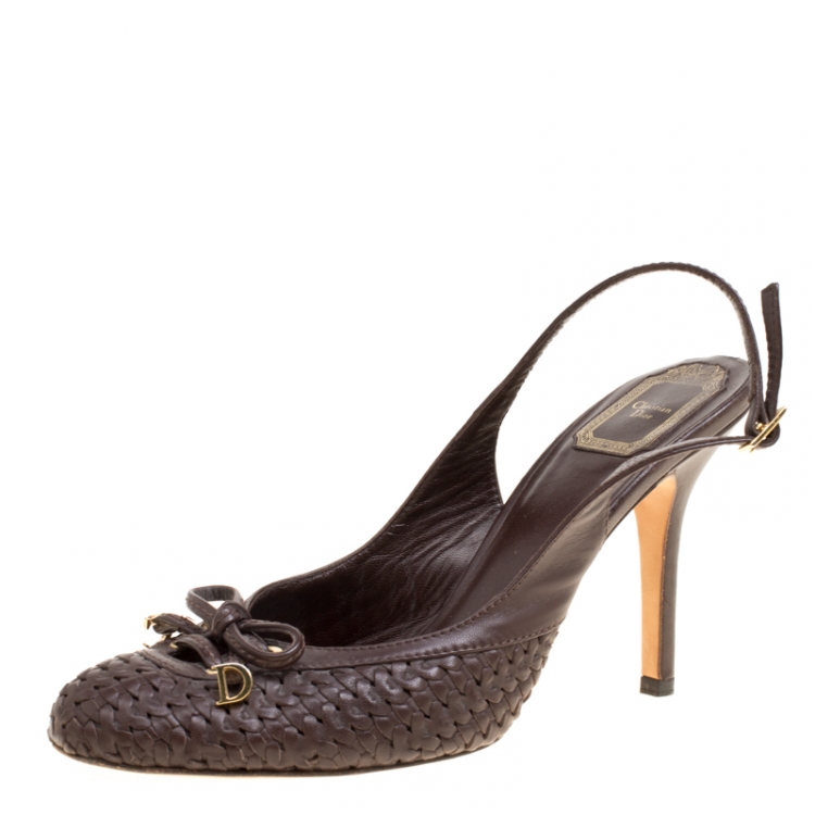 Pre Owned Dior Brown Leather Braid and Bow Detail Slingback Sandals Size 40
