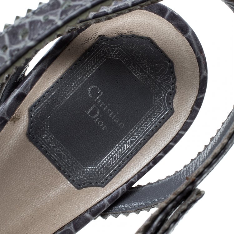 Pre Owned Dior Grey Croc Embossed Leather Bonnie Strappy Peep Toe Platform Sandals Size 38