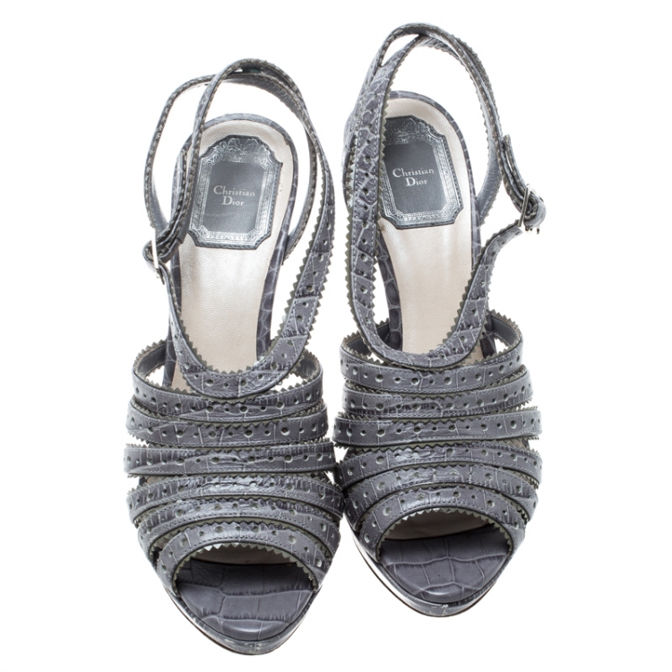 Pre Owned Dior Grey Croc Embossed Leather Bonnie Strappy Peep Toe Platform Sandals Size 38