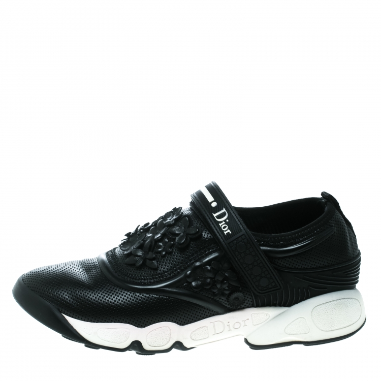 Pre Owned Dior Black Leather Floral Embroidered Fusion Sneakers Size 37.5