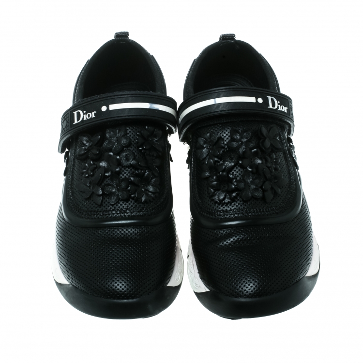 Pre Owned Dior Black Leather Floral Embroidered Fusion Sneakers Size 37.5